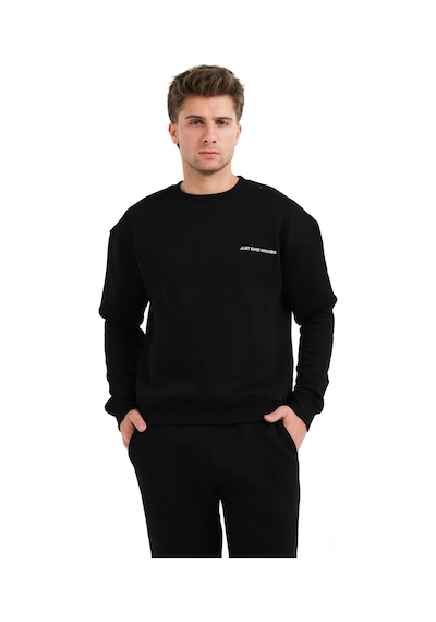 Justever Bisiklet Yaka Nakışlı Şardonlu İçi Polarlı Siyah Erkek Sweatshirt - Volar Siyah
