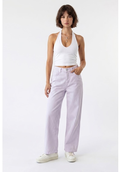 Mixray 2128 Kadın İnce Mevsimlik Yüksek Bel Wide Leg Denim Pantolon Lila