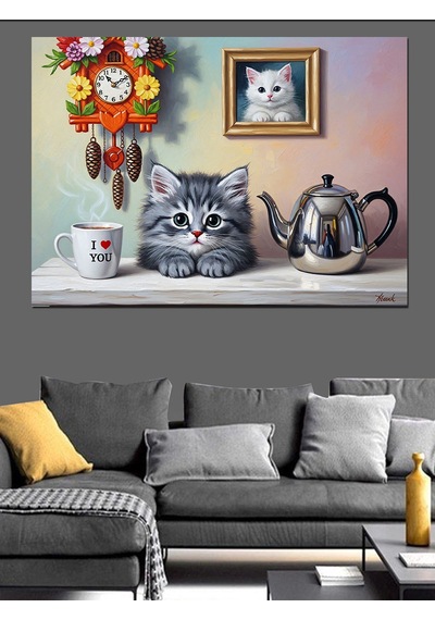 Çay Saati Kedi Keyfi Dekoratif Kanvas - Mdf Ahşap Tablo