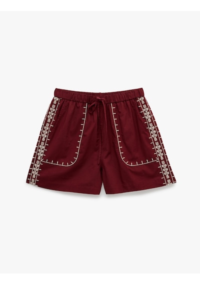 Koton Pamuklu Cepli Etnik Motifli İşlemeli Mini Mikro Şort Bordo Desenli 6sak40266uw