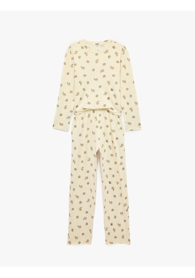 Koton Rahat Kalıp Bisiklet Yaka Uzun Kollu Baskılı Pijama Takımı Ekru 7wlk40346mk