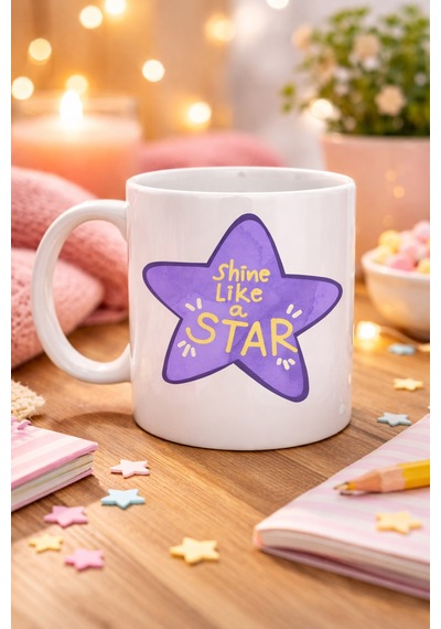 Shine Like A Star Motivasyon Mesajlı Mor Yıldız Tasarımlı Porselen Kupa Model 122 , Günlük Kullanım & Hediye Kupası Diğer