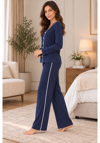 Lılac Kadın %100 Pamuk Beyaz Ara Biyeli Uzun Kollu Lacivert Pijama Takımı