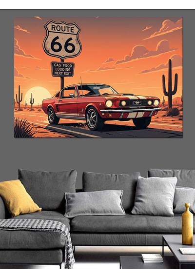 Route 66 Kırmızı Retro Araba Ve Vahşi Batı Yol Manzarası Dekoratif Kanvas - Mdf Ahşap Tablo