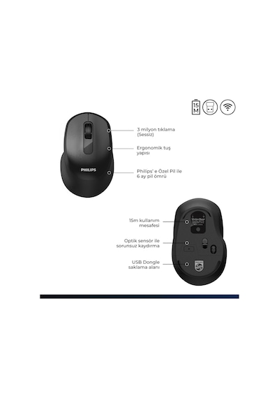 Philips SPK7448 Kablosuz Bluetooth 1600 DPI 4 Tuşlu Optik Mouse