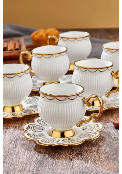 Cooker 220 Ml 6'lı Şık Tasarım Altın Yaldızlı Porselen Çay Fincan Takımı - Şık Kutulu Hediyelik Diğer