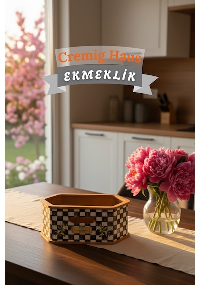 Geleneksel Tasarım Kapaklı Büyük Ekmeklik Altıgen Ahşap Ekmek Sepeti Dama Desenli Çok Renkli