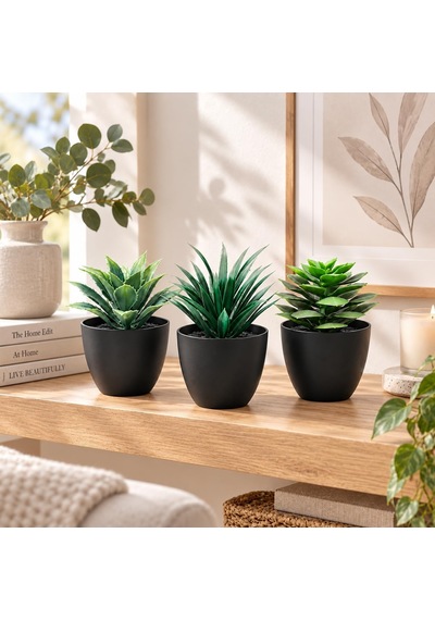 3 Lü Yapay Sukulent Dekoratif Saksı Seti Siyah Saksılı Mini Yapay Bitki Masaüstü Ev Ofis Dekoru Yeşil