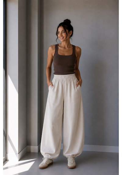 Vadon 1035 Kadın %100 Pamuk Gabardin Balon Paça Lastikli Bel Pantolon Taş