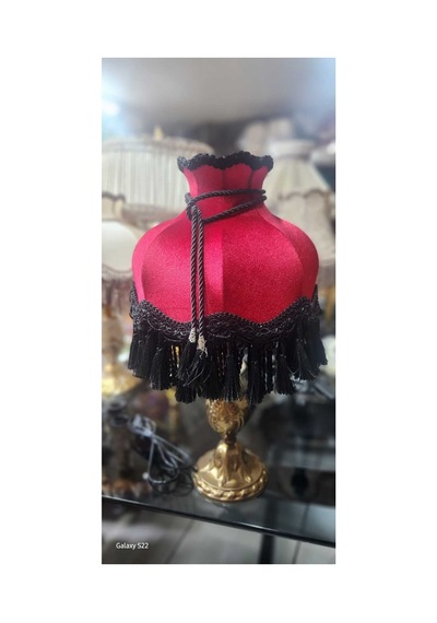 Klasik Abajur Bordo Başlık Siyah Saçak - Bronz Ayak 51cm.