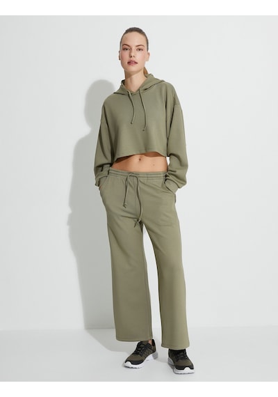 Koton Spor Crop Kapşonlu Oversize Sweatshirt Modal Kumaş Uzun Kollu Haki 4wak10225nk Haki