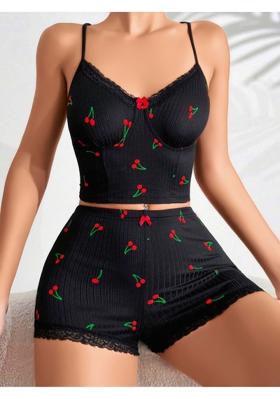 Jhena Kadın Kaliteli Penye Pijama, Kadın Seksi Ev Giyim, Kadın Şort Atlet Gecelik Siyah - Kırmızı