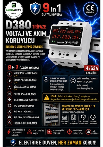 Trifaze Voltaj Akım Faz Nötr Yüksek - Alçak Voltaj Akım Koruma Rölesi Koruma Dijital Rölesi 4x63 A
