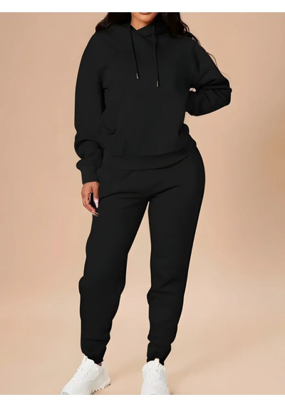Baskısız Kalın Kışlık Eşofman Takımı - Siyah Sweatshirt Jogger Oversize Kapüşonlu Siyah