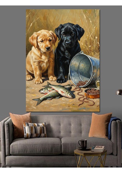 Ahşap Tablo Balık Yiyen Sevimli Köpekler