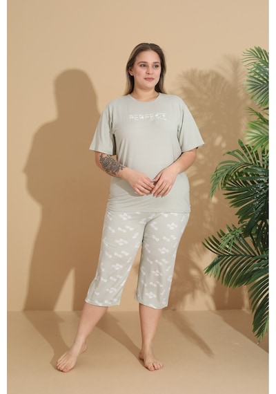 Eyfuze Kadın Curve Büyük Beden Milan Kumaş Kapri Kısa Kollu Pijama Takımı Açık Yeşil