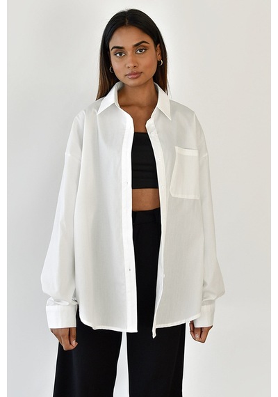 Madmext Beyaz Oversize Basic Cepli Poplin Gömlek Mg1530 Beyaz