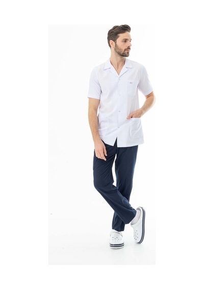 Spor Yaka Kısa Kol Erkek Doktor Önlüğü Alpaka Kumaş Beyaz Beo106 Beyaz