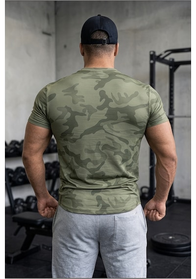 Serablanka Erkek Nem Emici Hızlı Kuruma Atletik Teknik Kamuflaj Desenli Spor T-shirt Haki