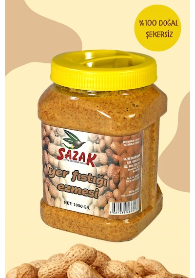 Sazak Şekersiz %100 Doğal Katkısız Fıstık Parçacıklı Fıstık Ezmesi 1 KG