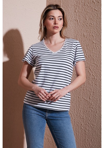 Fashion Friends Bayan T Shirt 25y0478k1 Lacivert-çizgili Lacivert-çizgili Lacivert