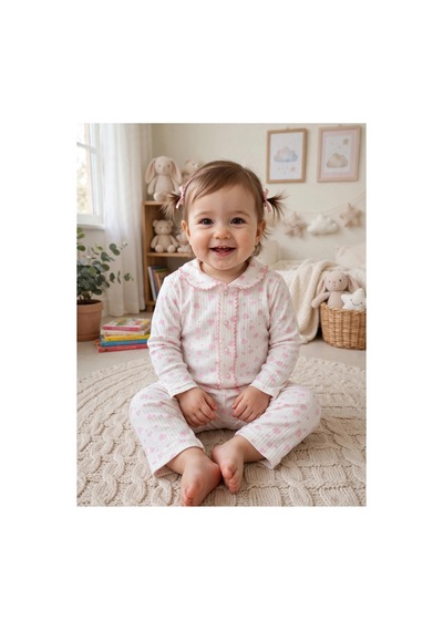 Üç Gül Ticaret Kız Bebek Kalpli Pijama Takımı Beyaz