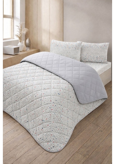 Formeya Kapitoneli Çift Kişilik Desenli Pike - Yatak Örtüsü Takımı 200x230 Cm - 2 Adet Yastık Kılıflı Gri