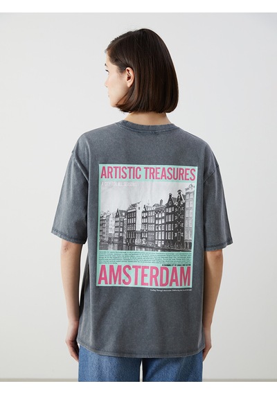 Lcw Vision Antrasit Amsterdam Baskılı Oversize %100 Pamuklu Kadın Tişört
