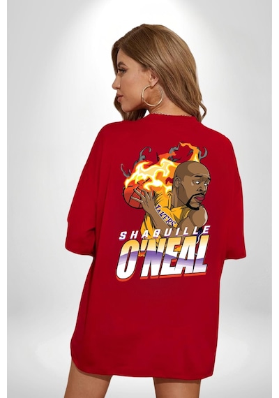 Basketbol Shaquille Oneal Star Ateş Topu Kırmızı Oversize Unisex Ön Ve Sırt Baskılı Tişört Kırmızı