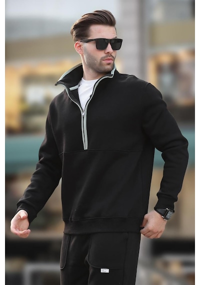 Madmext Siyah Dik Yaka Yarım Fermuarlı Sweatshirt 7079 Siyah