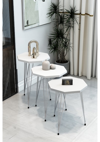 3'lü Sekizgen Zigon Sehpa Seti - Gümüş Metal Ayaklı, Modern & Şık Yan Sehpa, Dayanıklı Salon Ofis Beyaz