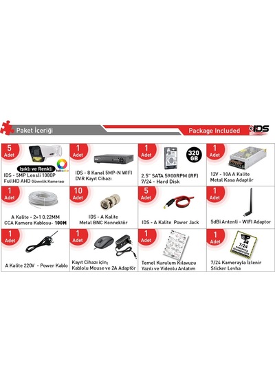 5 Kameralı Renkli Gece Görüşlü 5mp Lensli Fullhd Gece Görüşlü 9 Led Kamerası Seti - 320gb