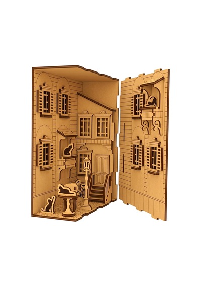 Algwooddesign Diorama Ahşap Maket, 54 Parça Dıy Minyatür Fransız Sokağı Ve Kedi Temalı Book Nook, Peri Led Dahil, Mdf 3d Puzzle, Dekorasyon Seti, 13,9