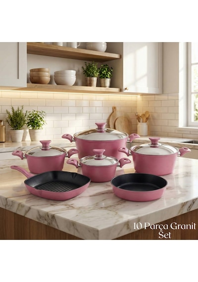 10 Parça Granit Set Çelik Kapak - Mürdüm Mürdüm
