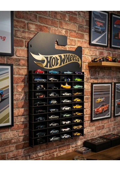 Hotwheels Premium Temalı Siyah Mdf Raflı Pleksi Logolu 40 Arabalık Duvar Rafı Kartonet 1/64 Diecast Araba İçin