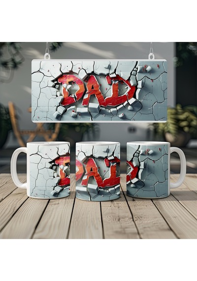 3 Boyutlu Kırmızı Dad Yazılı Kupa Beton Görünümlü Baba Tasarımı Kabartmasız Beyaz