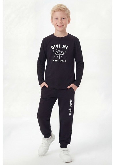 Panios Kids Yuvarlak Yaka Sweatshirt Paça Lastikli Eşofman Alt Baskılı Uzun Kollu Erkek Çocuk Alt Üst Takım Siyah