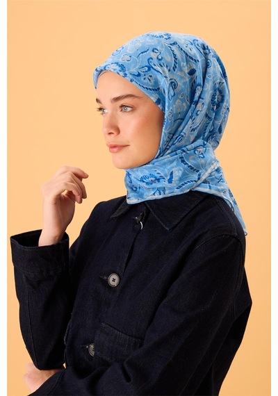 Silk Home İnce Pamuk Soft Eşarp Gök Mavi-saks Desenli Tok Duruşlu 90x90 Çok Renkli