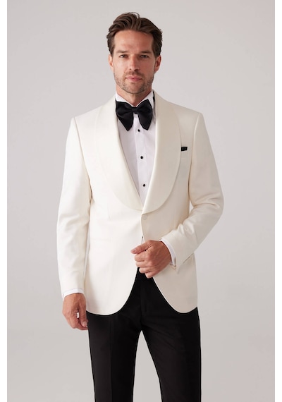Ysf Erkek Krem Slim Fit Sabit Şal Yaka Damatlık