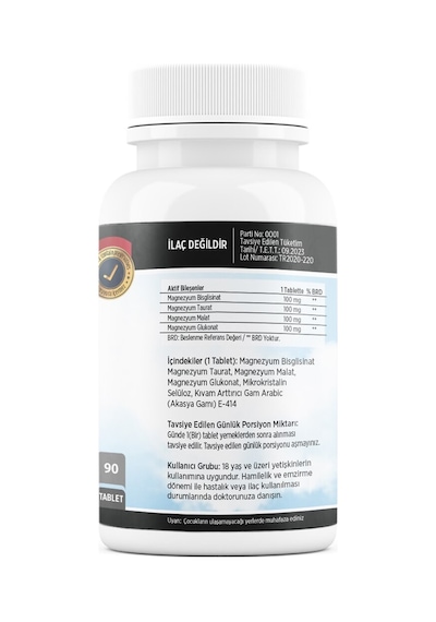Magnezyum Bisglisinat Malat Taurat Glukonat 90 Tablet (451310451)