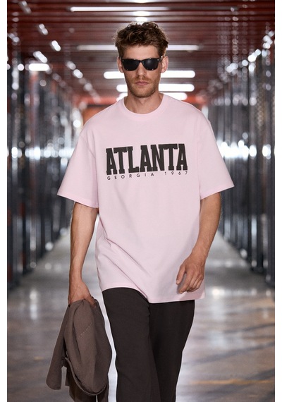 Grimelange Grımelange Atlanta Erkek %100 Pamuklu Kısa Kollu Baskı Detaylı Koyu Pembe T-shirt