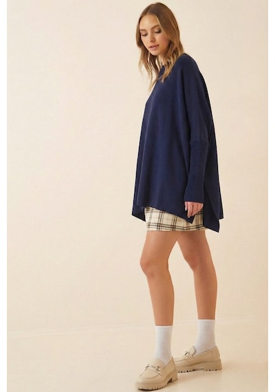 Onno Style Women Düz Triko Standart Panço Lacivert
