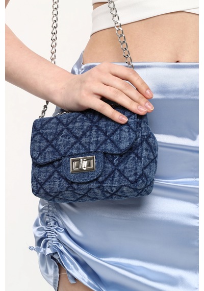 İcone Bag Denim Yıkamalı Kapitone Kadın Çanta, Dikişli Zincir Askılı Günlük Çanta, Kot Çanta Kot Lacivert