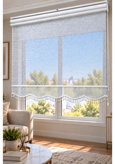 Çift Mekanizmalı Boncuklu Tül Ve Stor Perde Dantel15 Beyaz - 890923483 Beyaz