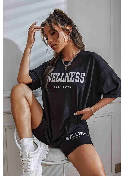 Merry See Wellness Baskılı Soft Kısa Kollu Şortlu Alt Üst Takımı Siyah 001