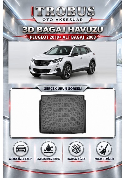 Peugeot 2008 2019+ Araca Özel Karbon Desenli 3d Paspas Bagaj Havuzu Set Alt Bagaj Siyah