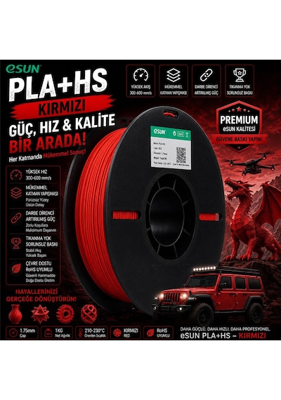 Esun Pla+hs Kırmızı Filament 1.75mm 1kg Plastik Makara Yüksek Hızlı