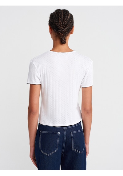 Dilvin 31795 Fiyonk Detaylı Kısa Kollu Kontrast T-shirt-beyaz Beyaz