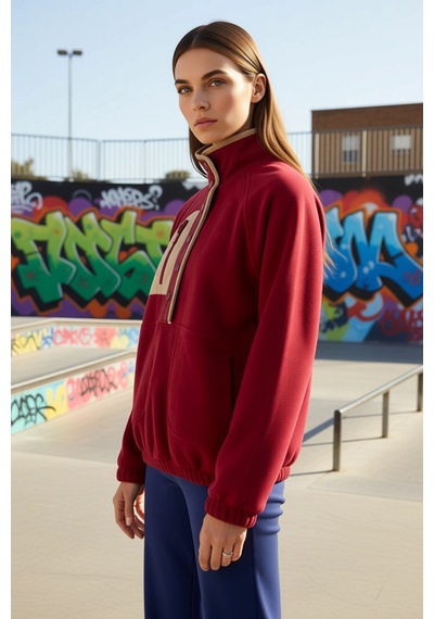 Benerly Kadın Dik Yaka Reglan Kol Oversize Polar Sweatshirt Fonksiyonel D Bordo
