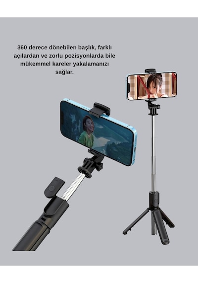 Mey İthalat Bluetooth Selfie Çubuğu 360 Dönebilen Başlık, Kablosuz Bağlantı
